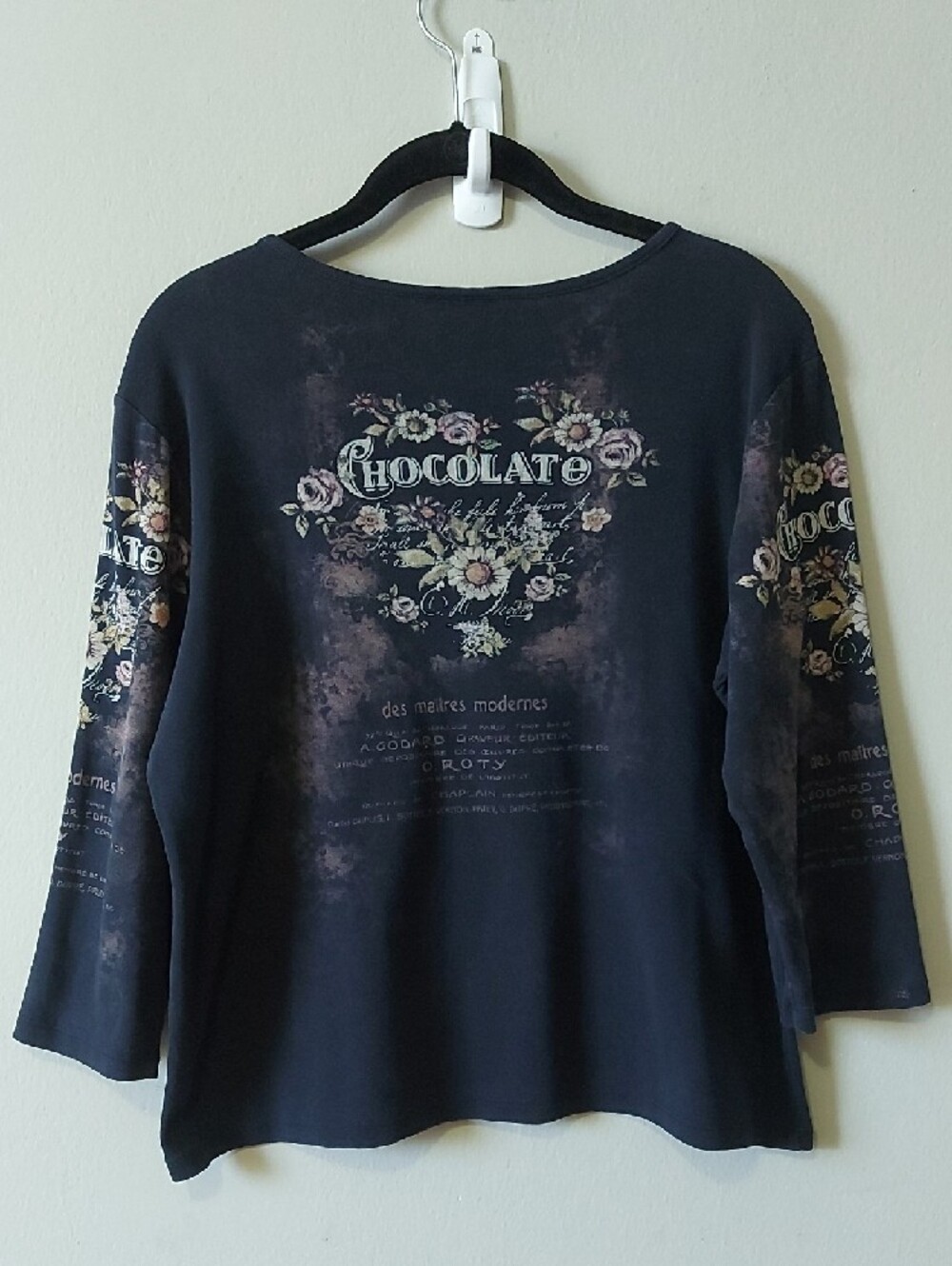Y2K Whimsy Goth Boho Cotton Rhinestones Floral Chocolate Graphic Long Sleeve Tee - Picture 2 of 10